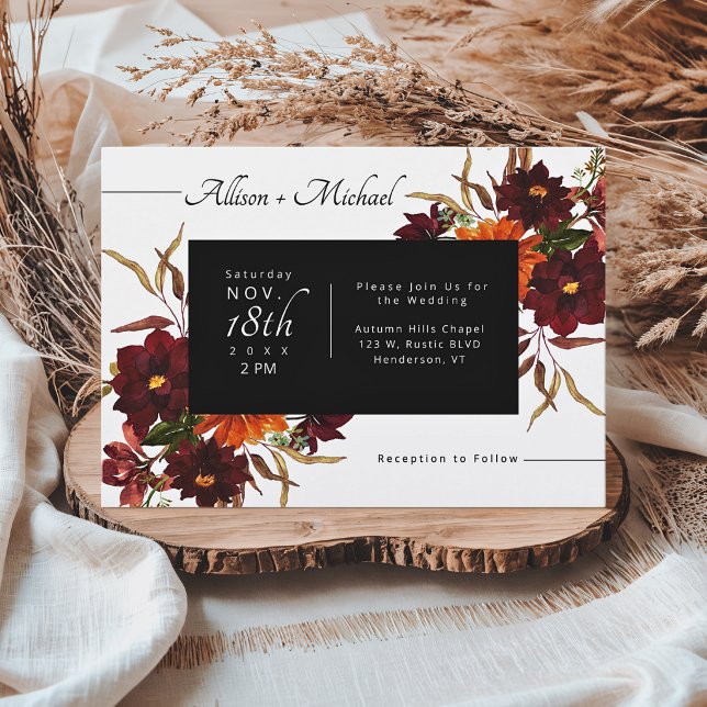 Modern Rustic Burgundy Red Fall Dahlia Wedding Invitation (Creator Uploaded)