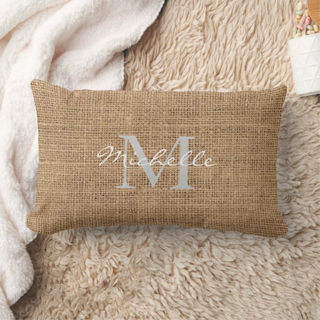 Modern rustic burlap personal monogram name lumbar pillow (Blanket)