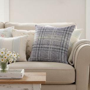 Modern Rustic Burlap Plaid Blue Throw Pillow
