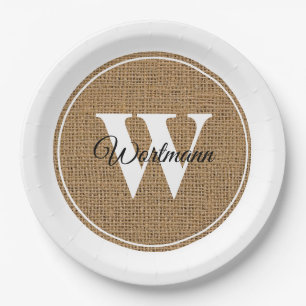 Modern Rustic Burlap White Monogram Paper Plate