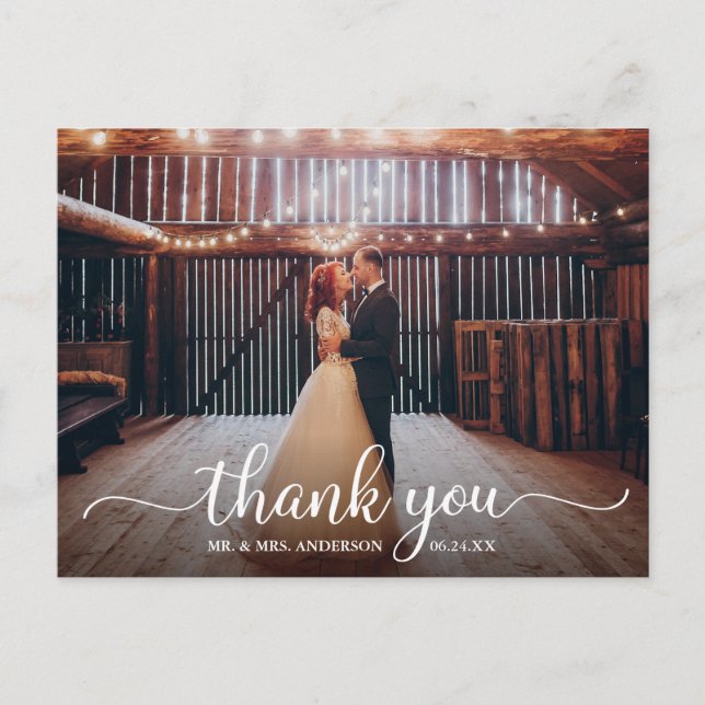 Modern Rustic Calligraphy Script Thank You Wedding Postcard (Front)