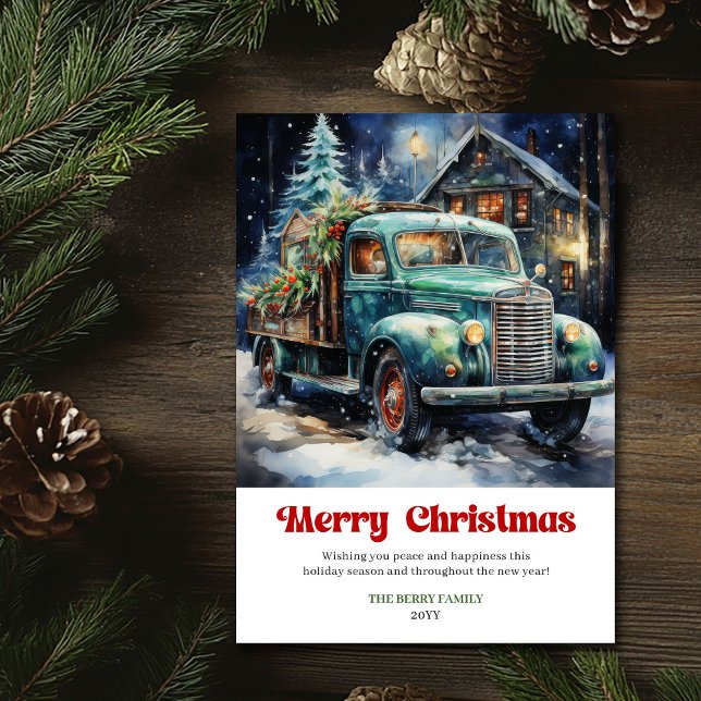 Modern rustic Christmas scene watercolor red truck Holiday Card (Modern rustic Christmas scene watercolor red truck card)
