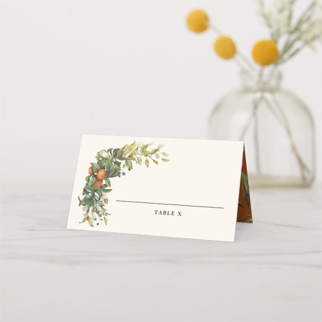Modern rustic citrus orange blossom wedding table place card (Front)
