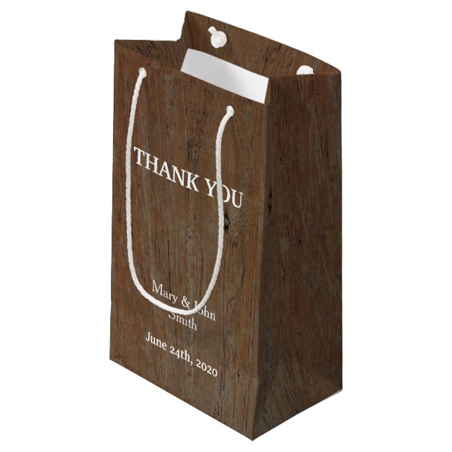 Modern Rustic country wedding dark brown wood Small Gift Bag (Front Angled)