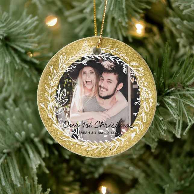 Modern rustic couple photo our 1st Christmas Ceramic Ornament (Tree)