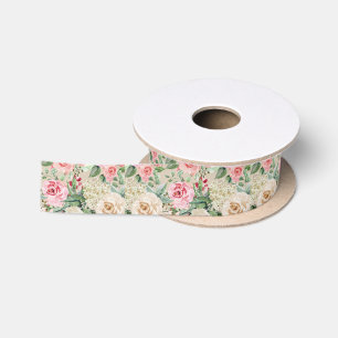 Modern rustic creme rose pink watercolor floral satin ribbon
