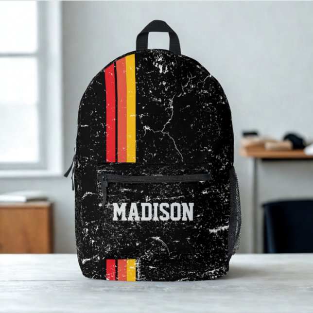 Modern Rustic Custom Name | Red Orange Yellow Line Printed Backpack (Modern custom name rustic vintage red orange yellow backpack. )