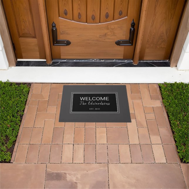 Modern rustic dark grey black welcome family name doormat (Outdoor)