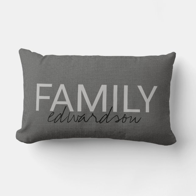 Modern rustic dark grey burlap custom family name lumbar pillow (Front)