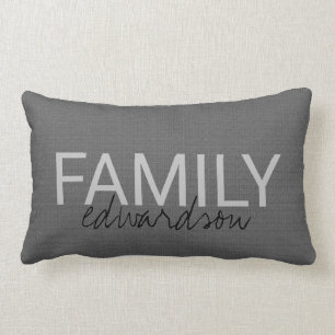 Modern rustic dark grey burlap custom family name lumbar pillow
