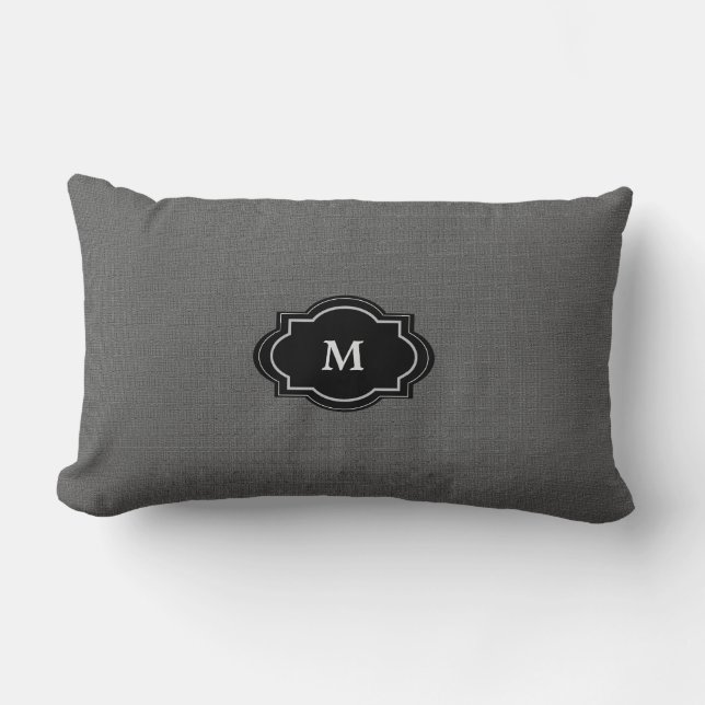 Modern Rustic dark Grey burlap Family Monogram Lumbar Pillow (Front)