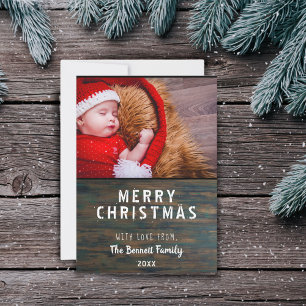Modern Rustic Dark Wood Merry Christmas Photo Card