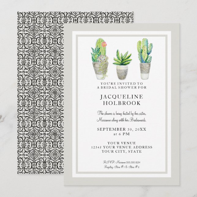 Modern Rustic Desert Cactus Pots Bridal Shower Invitation (Front/Back)