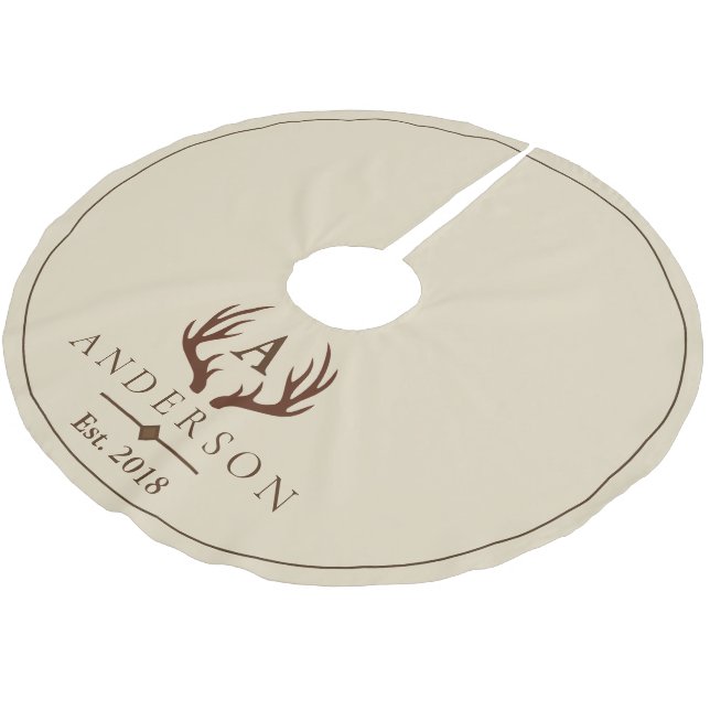 Modern Rustic Elegant Brown Deer Antlers & Taupe Brushed Polyester Tree Skirt (Angled)