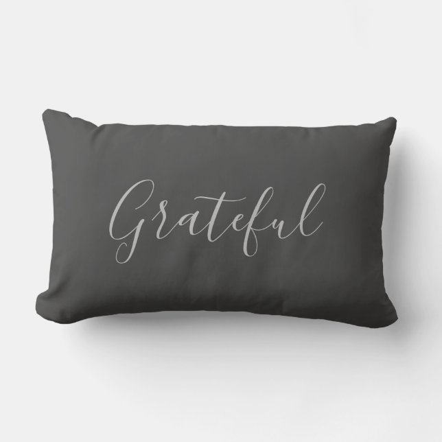 Modern rustic elegant dark grey grateful script lu lumbar pillow (Front)