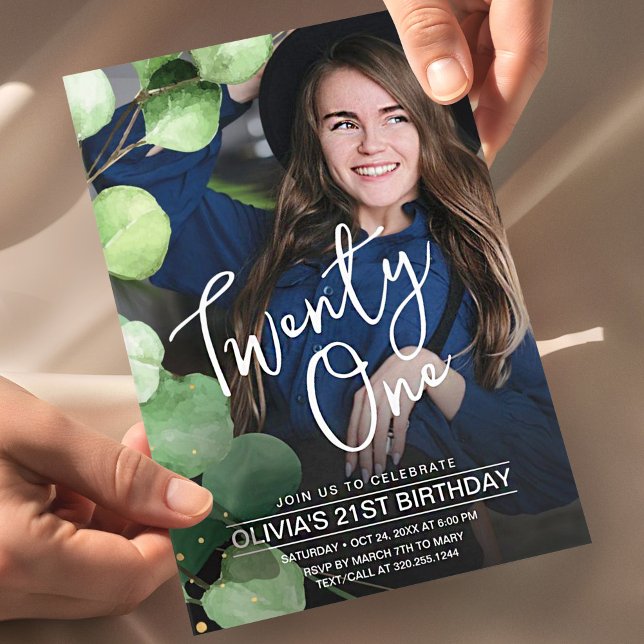 Modern rustic elegant twenty one 21 birthday photo invitation (birthday invitation card with photo, modern personalized design with greenery and elegant layout)