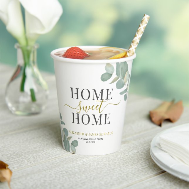 Modern Rustic Eucalyptus Home Sweet Home Party Paper Cups (Insitu)