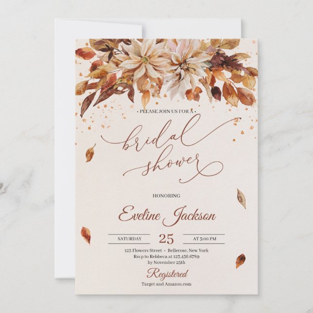 Modern rustic fall and autumn floral leaves invitation (Front)