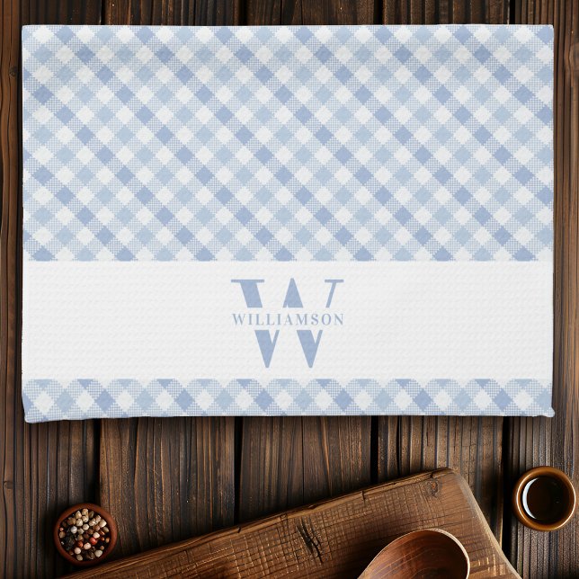 Modern Rustic Family Monogram Blue Gingham Plaid Kitchen Towel (Creator Uploaded)