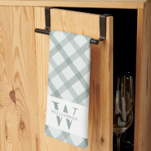 Modern Rustic Family Monogram Green Gingham Plaid Kitchen Towel