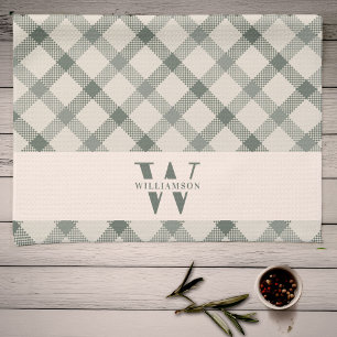 Modern Rustic Family Monogram Green Gingham Plaid Kitchen Towel