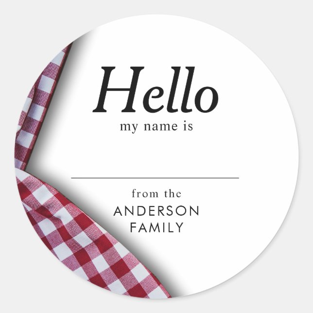 Modern Rustic Family Reunion Gingham Name Classic Round Sticker (Front)