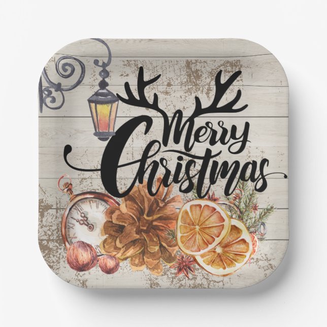 Modern rustic farmhouse Pine cones Christmas Wood Paper Plate (Front)