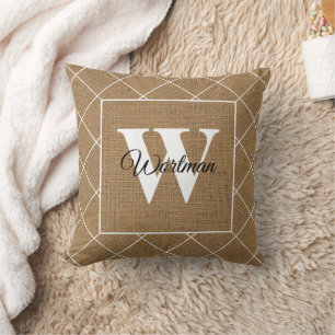 Modern Rustic Faux Burlap White Monogram Throw Pillow