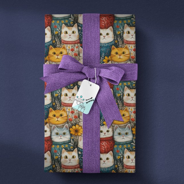 Modern Rustic Floral Cat Friends Pattern Wrapping Paper (Creator Uploaded)