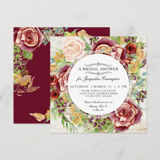Modern Rustic Floral Fall Red Wreath Bridal Shower Invitation (Front/Back)