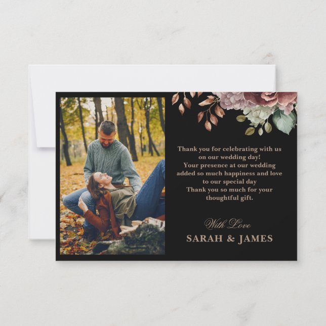 Modern Rustic Floral Fall wedding photo Thank You Card (Back)