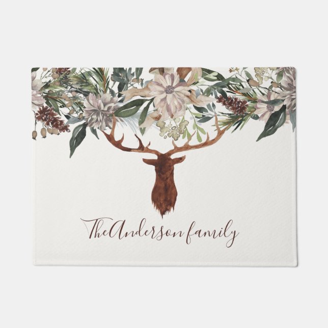 Modern rustic floral foliage stag barn holiday doormat (Front)