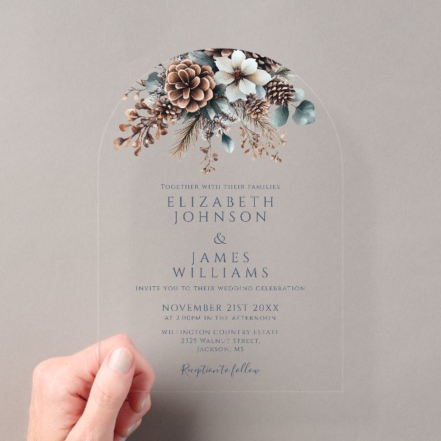 Modern Rustic Floral Pinecone Wedding Arch Acrylic Invitations (Insitu (Handheld))