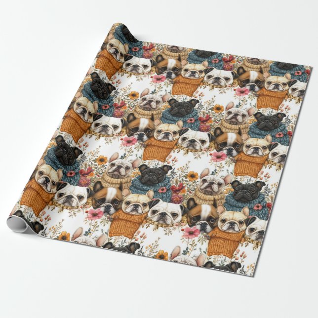 Modern Rustic Floral Pug Dogs Pattern Wrapping Paper (Unrolled)
