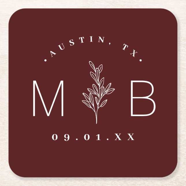 Modern Rustic Floral Stem Wedding Monogram Square Paper Coaster (Front)