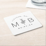 Modern Rustic Floral Stem Wedding Monogram Square Paper Coaster<br><div class="desc">Personalize the template with the bride and groom's names or monogram initials. Add your wedding date, the city, state or venue name or any other custom text. This modern rustic logo-style design has a simple floral stem and mixed typography. Use the design tools to choose any colours, edit the fonts...</div>