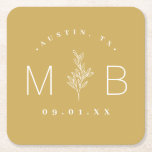 Modern Rustic Floral Stem Wedding Monogram Square Paper Coaster<br><div class="desc">Personalize the template with the bride and groom's names or monogram initials. Add your wedding date, the city, state or venue name or any other custom text. This modern rustic logo-style design has a simple floral stem and mixed typography. Use the design tools to choose any colours, edit the fonts...</div>