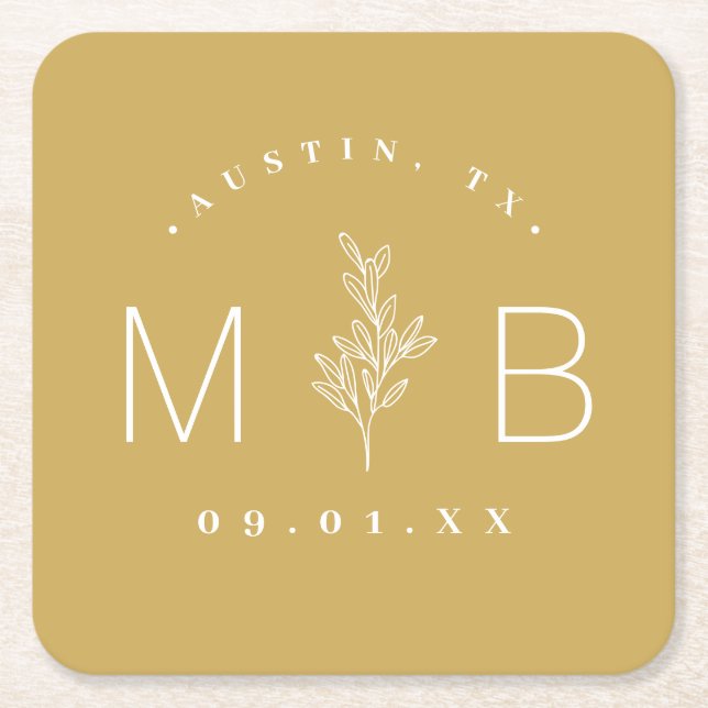 Modern Rustic Floral Stem Wedding Monogram Square Paper Coaster (Front)