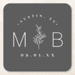 Modern Rustic Floral Stem Wedding Monogram Square Paper Coaster<br><div class="desc">Personalize the template with the bride and groom's names or monogram initials. Add your wedding date, the city, state or venue name or any other custom text. This modern rustic logo-style design has a simple floral stem and mixed typography. Use the design tools to choose any colours, edit the fonts...</div>