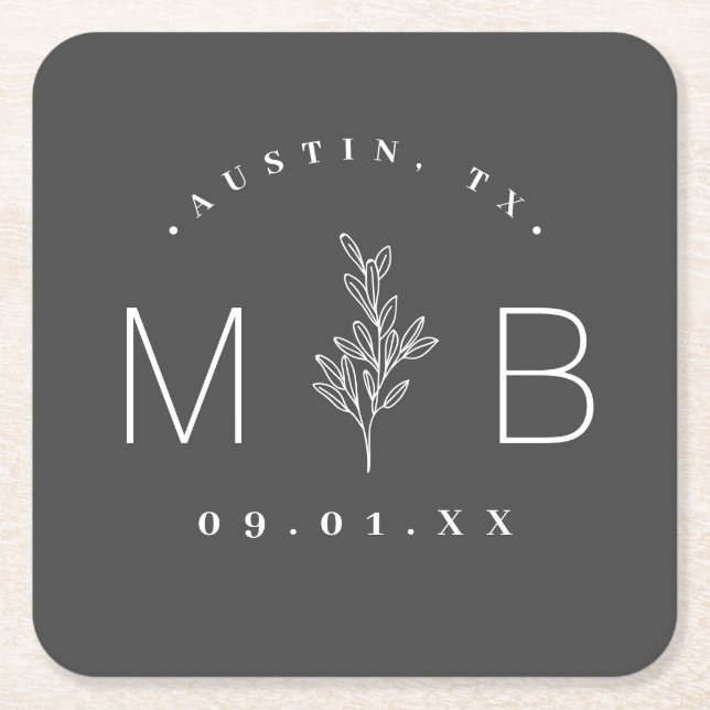 Modern Rustic Floral Stem Wedding Monogram Square Paper Coaster (Front)