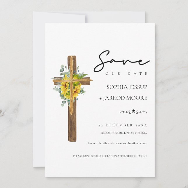 Modern Rustic Floral Wood Cross Wedding Save The Date (Front)