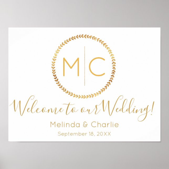 Modern Rustic Gold Wreath Wedding Monogram Welcome Poster (Front)