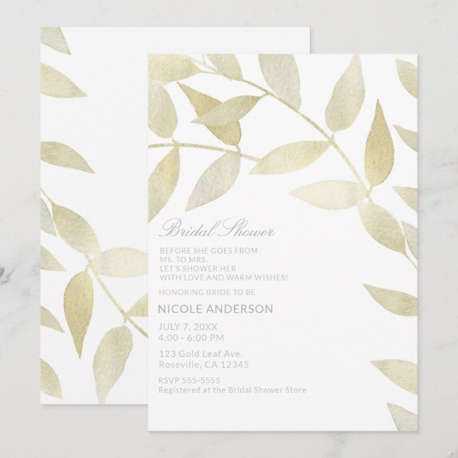 Modern Rustic Golden Gold Leaves Bridal Shower Invitation (Front/Back)