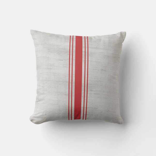 Modern Rustic Grain Sack Red Stripes Throw Pillow (Front)