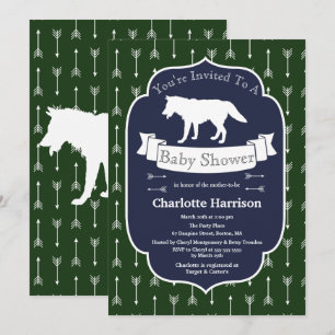 Modern Rustic Green & Blue Wolf Arrows Baby Shower Invitation