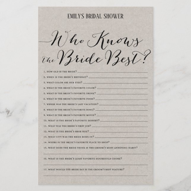 Modern Rustic Grey Bridal Shower Game PRINTED (Front)