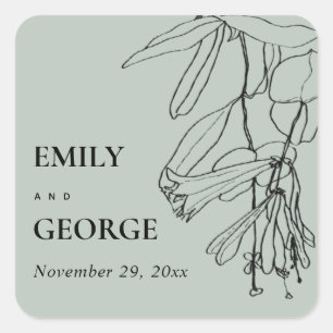 MODERN RUSTIC GREY LINE DRAWING FLORAL WEDDING SQUARE STICKER