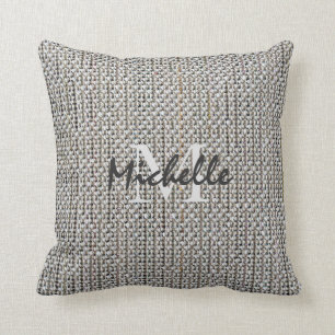 Modern rustic grey linen fabric texture monogram throw pillow