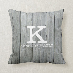 Modern Rustic Grey Wood Family Name Monogram Throw Pillow