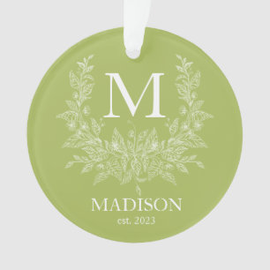 Modern Rustic holiday monogram Middle Green Yellow Ornament